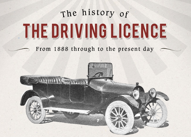 retro illustration "The history of the driving licence" with old car