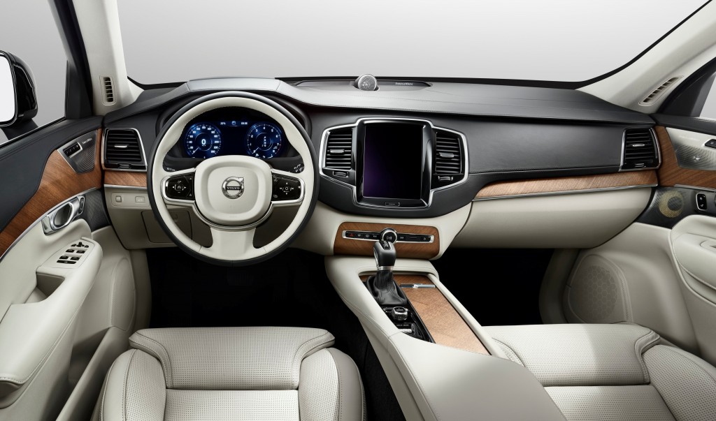 White leather and wood interior of luxury car