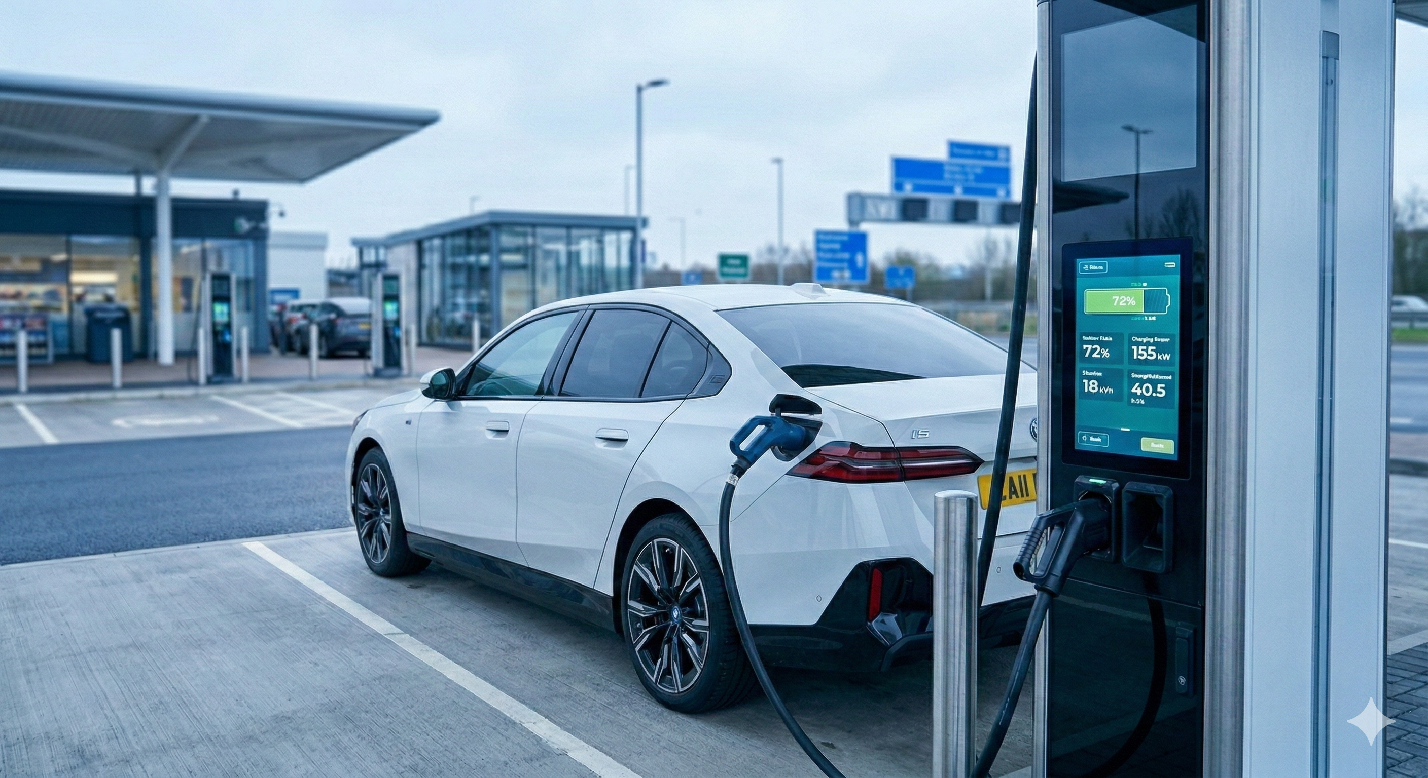 Close up of an electric vehicle plugged into a public rapid charger on a UK service station.