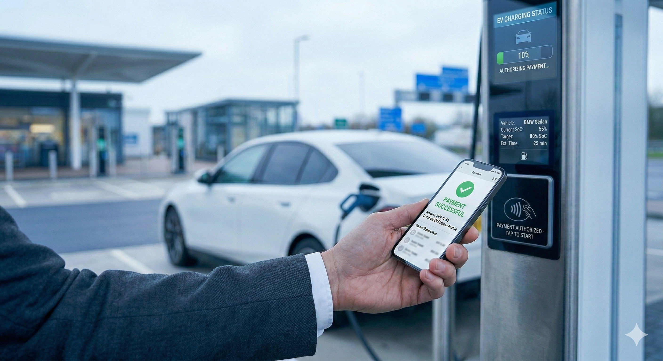 Person using a smartphone to pay for public EV charging