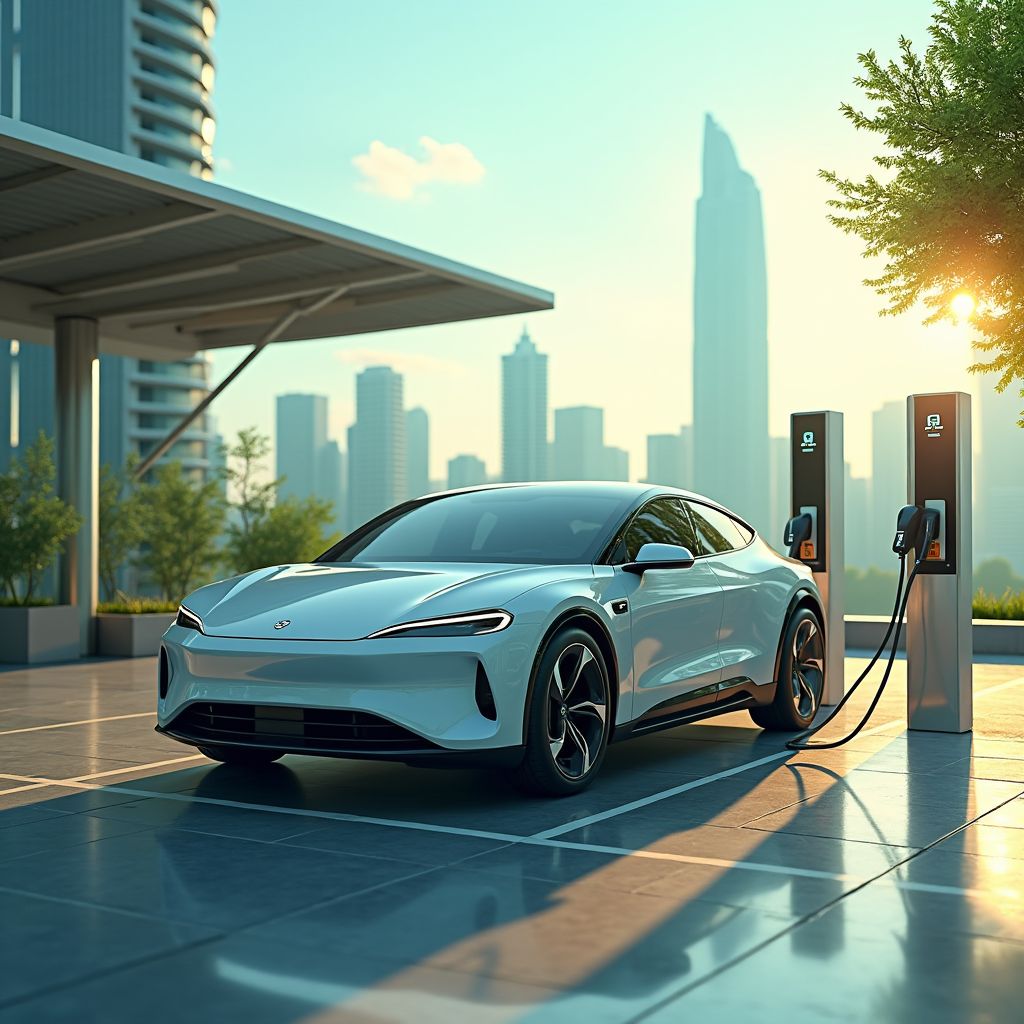 A modern electric vehicle charging at a public station highlighting the advancements in the EV market