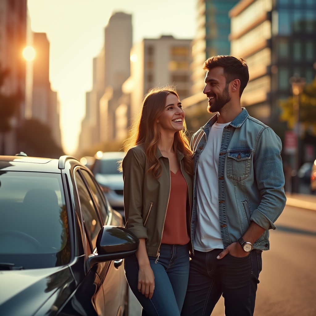 Car Leasing Manchester, couple in Manchester standing next the their new car.
