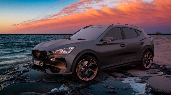 Cupra Formentor -parked at waters edge with dramatic red sunset- FVL Car lease deals September 2024