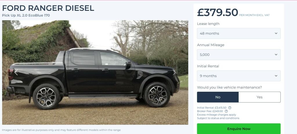 Ford Ranger Lease Deal from FVL =Black Ford Ranger side view on gravel farm yard track