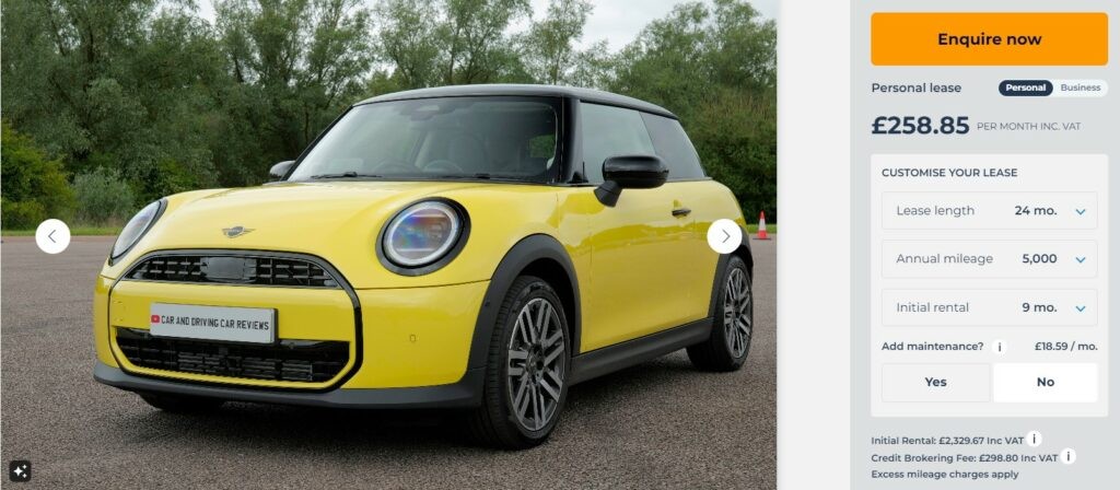 2024 Mini Cooper Hatchback in vibrant colour Lease offfer