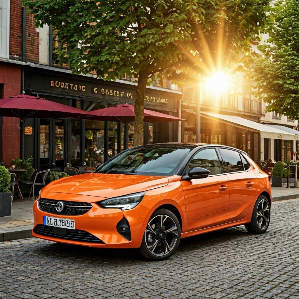Car Leasing Manchester- Orange Vauxhall Corsa parked outside a café in a Manchester cobbled street
